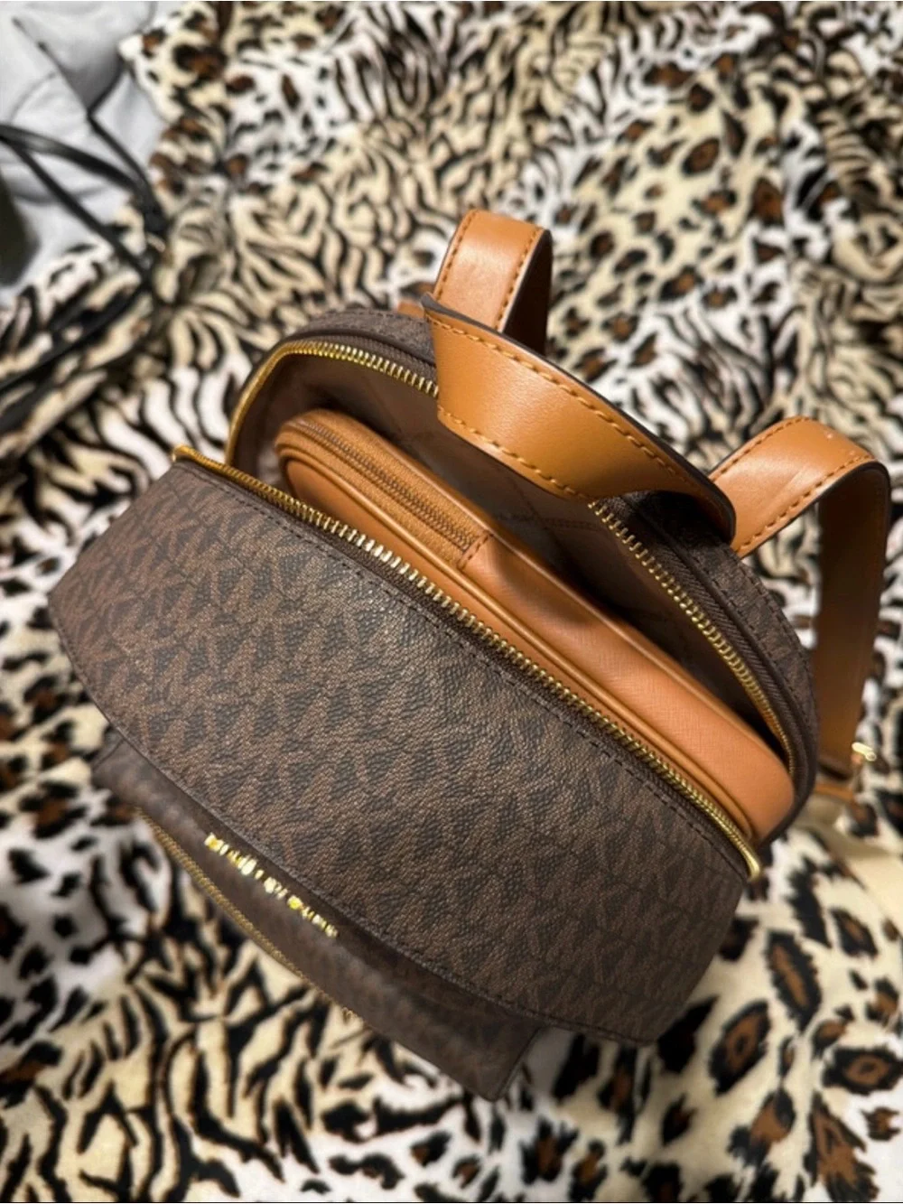 Michael Kors Brown Monogram Backpack with Tan Trim and Gold Hardware